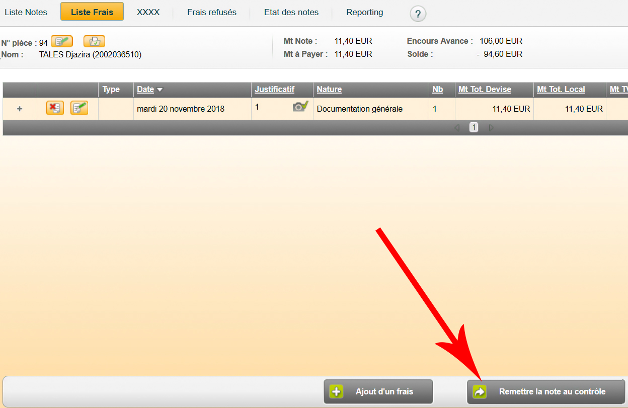Ecran de remise au controle