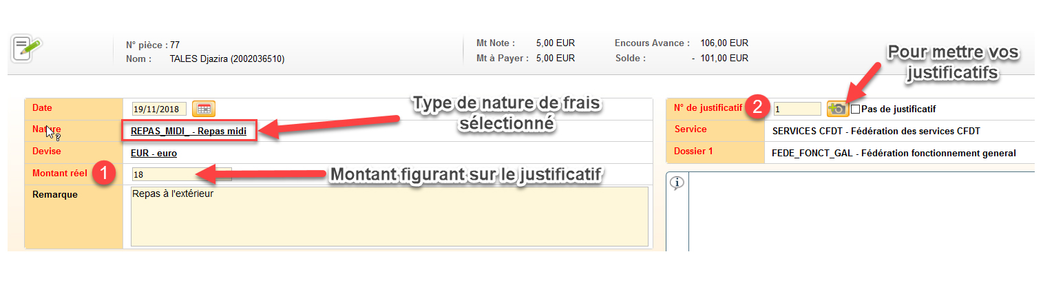 Ecrande saisie d'un frais de repas