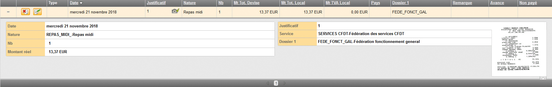 Ecran de détail du frais