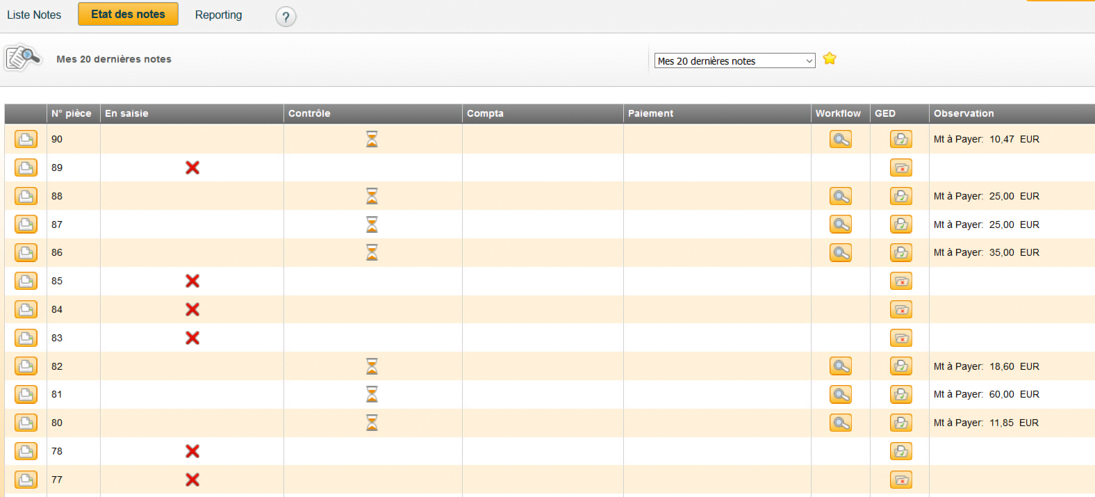 Ecran etat des notes