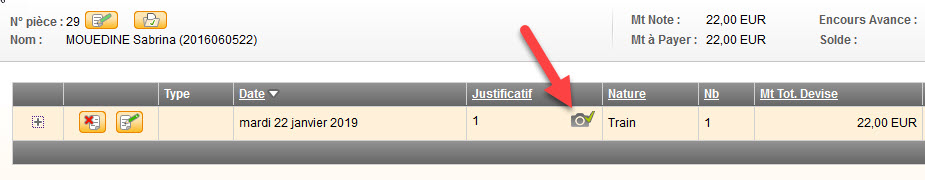 Fenêtre de frais avec le justificatif