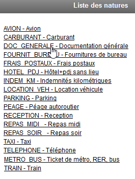 Liste des natures de frais