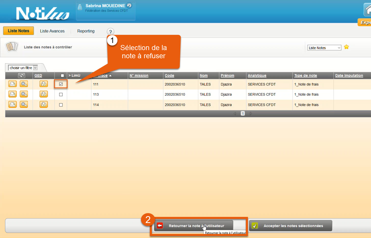Sélection de la note à refuser